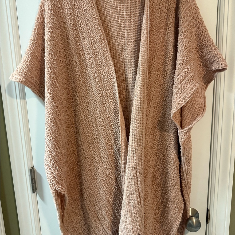 LVS Collections Pink Open Front Knit Poncho Textured Weave And Fringe Trim Boho